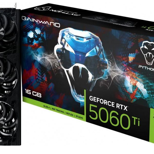 Gainward RTX 5060Ti Python III 16GB GDDR7 128 bit, 1x HDMI 2.1b, 3x DP 2.1b, 3 Fan, 1x 8-pin pwr connector, 600W, 291.9 x 116.5 x 41.3 mm, NE7506T019T1-GB2061T