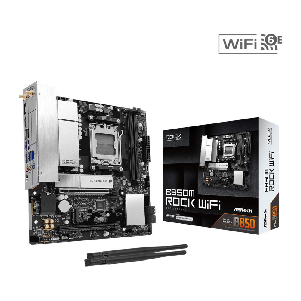 ASROCK MB B850M Rock WiFi 7, AM5, 2x DDR5, 1x PCIe 5.0 x16, 1x PCIe 3.0x16, 1x Blazing M.2, 1x Hyper M.2, 4x SATA3, RAID 0, 1, 10, 7.1 CH HD Audio, 1x HDMI, 6x USB 3.2, 5x USB 2.0, 1x USB-C, 2.5G LAN, 2x Wi-Fi 6E, BT, 1x HDMI, 1x DP, mATX