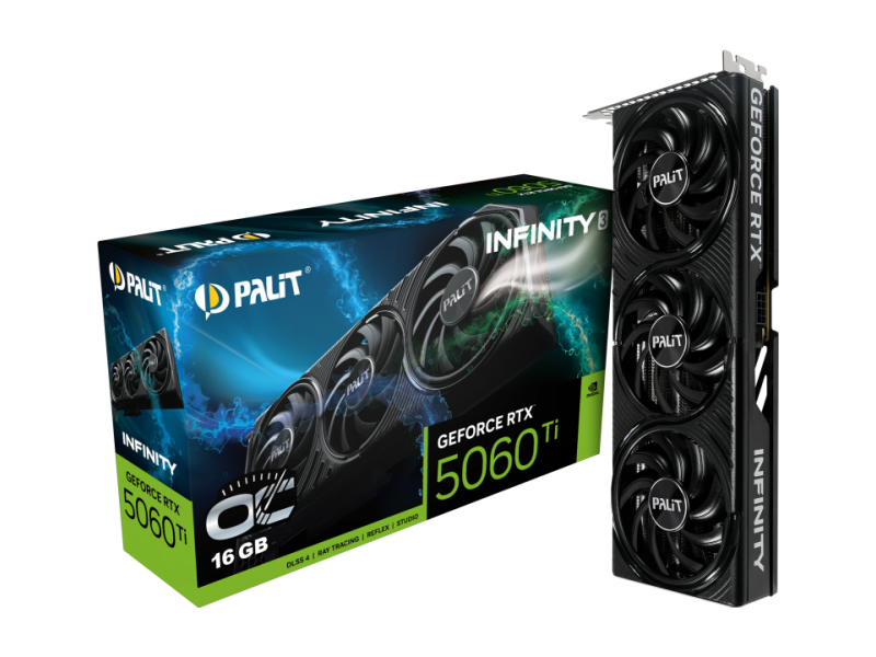 PALIT GeForce RTX 5060 Ti Infinity 3 OC 16GB GDDR7 128 bit, 1x HDMI 2.1b, 3x DP 2.1b, 3 Fan, 1x 8-pin pwr connector, 600W, 291.9 x 116.6 x 41.3 mm, NE7506TS19T1-GB2061S