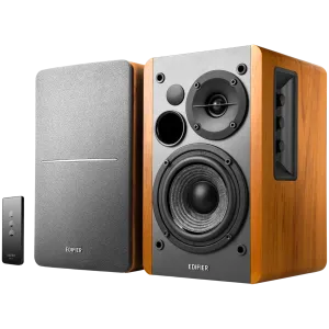 Edifier R1280T 2.0 Bookshelf Speakers, RCA, 0.5-inch Tweeters, 4-inch Drivers, 42W (RMS), Control Knobs and Remote Control, Brown