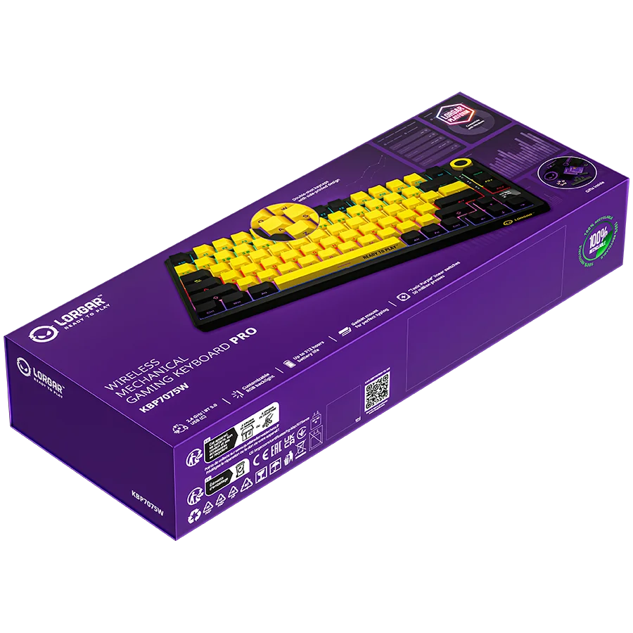 LORGAR KBP7075W, Wireless 75% Mechanical Gaming Keyboard Pro, Black/yellow, EN layout