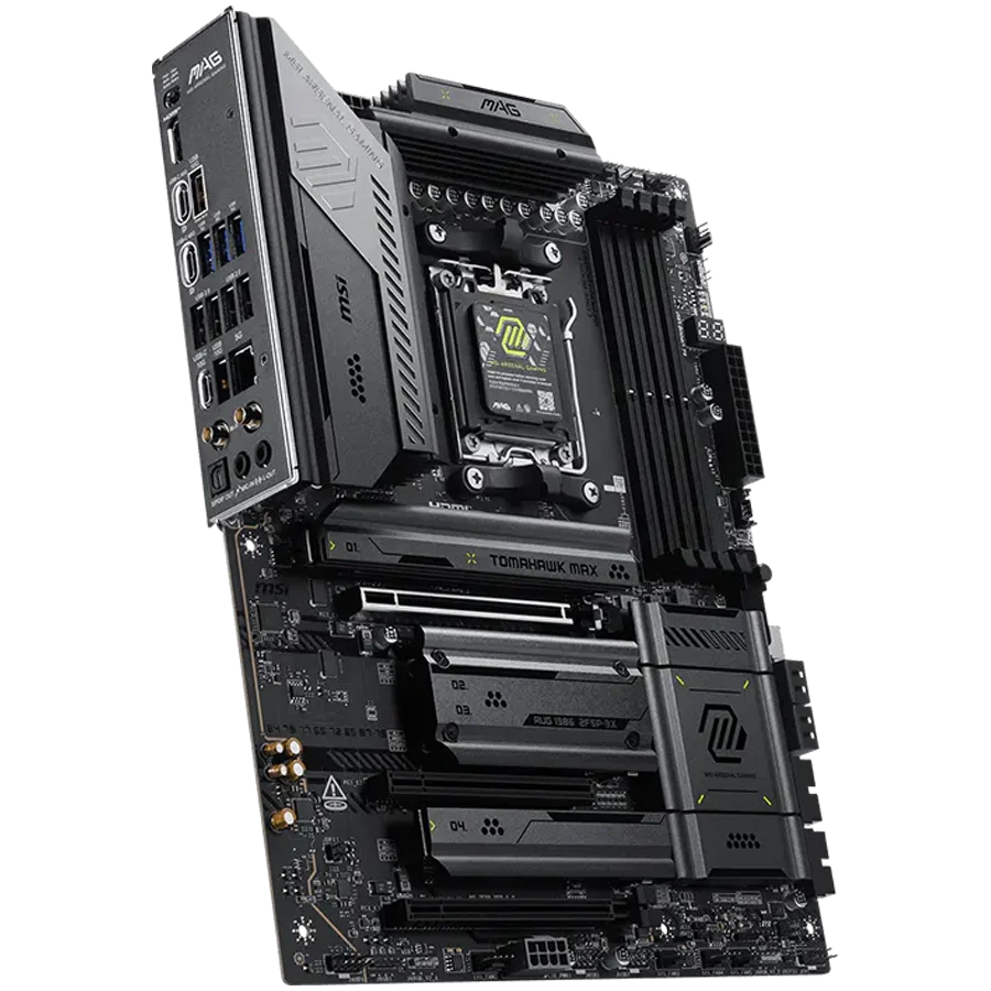 MSI MAG X870E TOMAHAWK MAX WIFI, ATX, Socket AM5, 4x DDR5 Dual Channel DDR5 up to 8400(OC)MHz, 3x PCIe 3.0 x16 slot, 4x M.2 slot, 4x USB 2.0, 3x USB 5Gbps, 2x USB 10Gbps, 1x 10Gbps Type-C, 2x 40Gbps Type-C, HDMI, 7.1 HD Audio, 5G LAN, WiFI 7, BT, 3Y