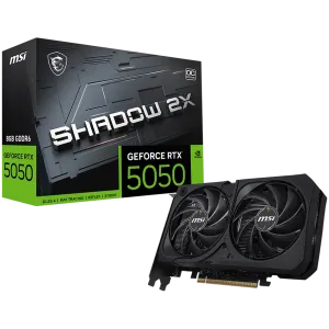 MSI Video Card NVIDIA GeForce RTX 5050 8G SHADOW 2X OC, 8GB GDDR6, 128-bit, 2602 MHz Boost, 2560 CUDA Cores, PCIe 5.0 (x8), 3x DP 2.1b, HDMI 2.1b, RAY TRACING, Dual Fan, 130W TDP, 8-pin PCIe Power, G-SYNC, 2-Slot, 3Y