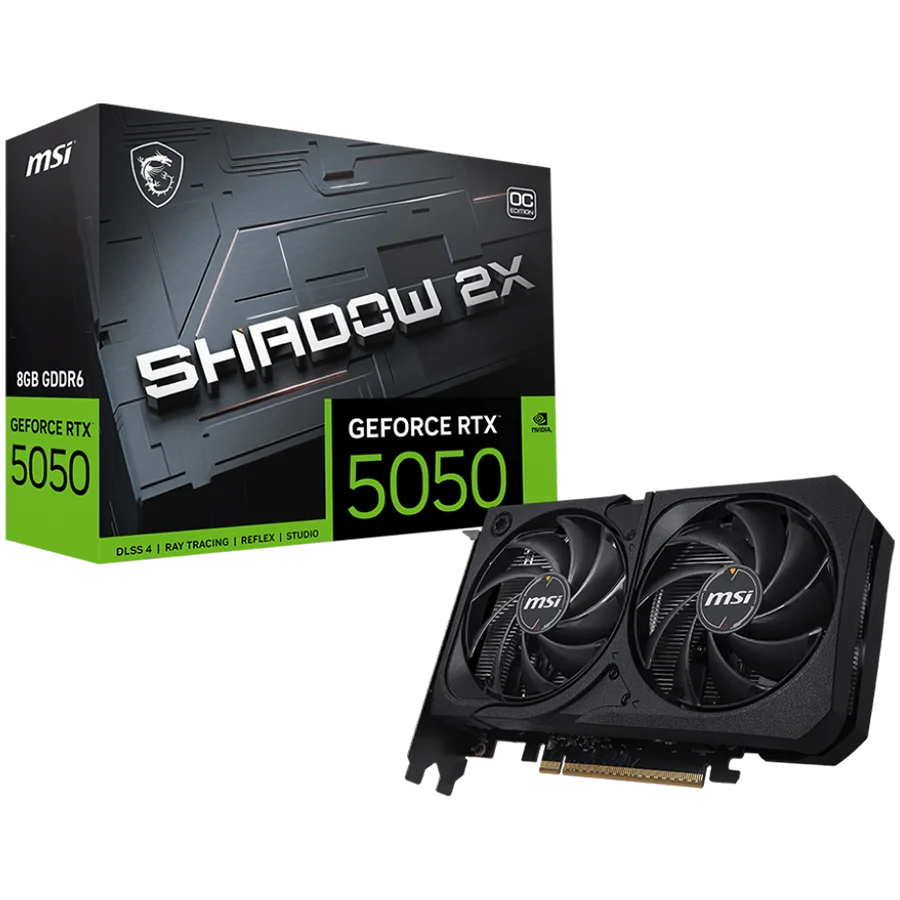 MSI Video Card NVIDIA GeForce RTX 5050 8G SHADOW 2X OC, 8GB GDDR6, 128-bit, 2602 MHz Boost, 2560 CUDA Cores, PCIe 5.0 (x8), 3x DP 2.1b, HDMI 2.1b, RAY TRACING, Dual Fan, 130W TDP, 8-pin PCIe Power, G-SYNC, 2-Slot, 3Y