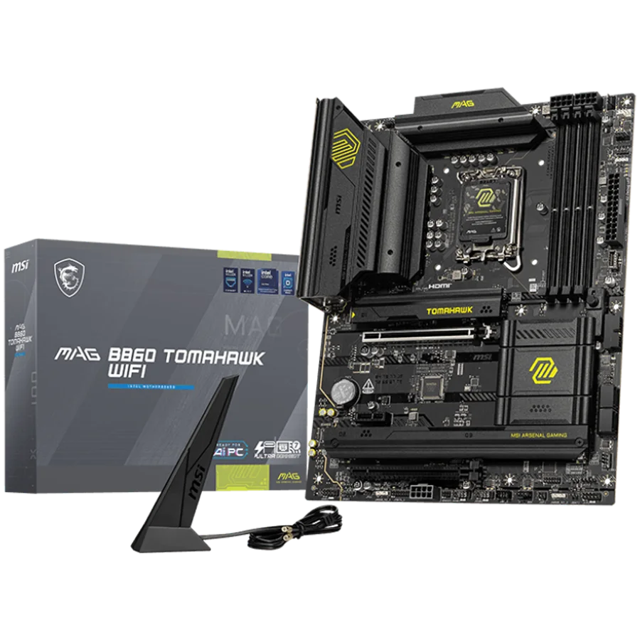 MSI MAG B860 TOMAHAWK WIFI, ATX, LGA 1851, 4x DDR5 Dual Channel DDR5 up to 9200(OC)MHz, 2x PCIe x16 slot, 3x M.2 slot, 4x USB 2.0, 4x USB 10Gbps, 1x USB 10Gbps Type-C, 1x USB 40Gbps Type-C, HDMI, DP, 7.1 HD Audio, 5G LAN, WiFi, BT, 3Y