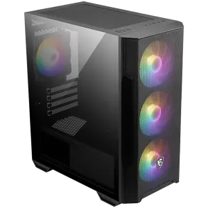 MSI MAG FORGE M100R, M-ATX Tower, M-ATX/ M-ITX, 1x USB 3.2 Gen 1 Type-A, 2x USB 2.0 Type-A, 1x Audio, 1x Mic, Power Button, 4x 120mm ARGB Fans, LED Button, ARGB Control Board, Mesh Panel, Tempered Glass