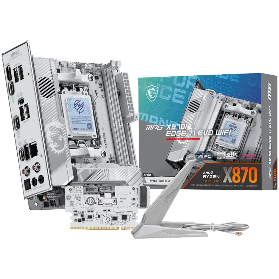 MSI MPG X870I EDGE TI EVO WIFI, mITX, Socket AM5, Dual Channel DDR5 10000+MHz (OC), 1x PCIe x16 slot, 3x M.2 slot, 1x HDMI, 5x USB 3.2 Gen 2, 1x USB 3.2 Gen 2 Type C, 2x USB 40Gbps Type C, Expansion Card, 7.1 HD Audio, 5Gbps LAN, WIFI 7, BT, 3Y