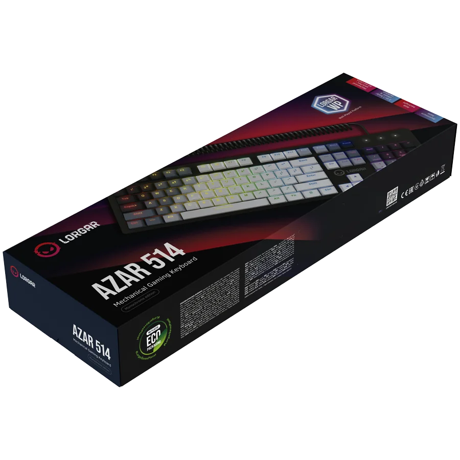 LORGAR Azar 514, Wired mechanical gaming keyboard, RGB backlight, 1680000 colour variations, 18 modes, keys number: 104, 50M clicks, linear dream switches, spring cable up to 3.4m, ABS plastic+metal, magnetic cover, 450*136*39mm, 1.17kg, white, EN layout