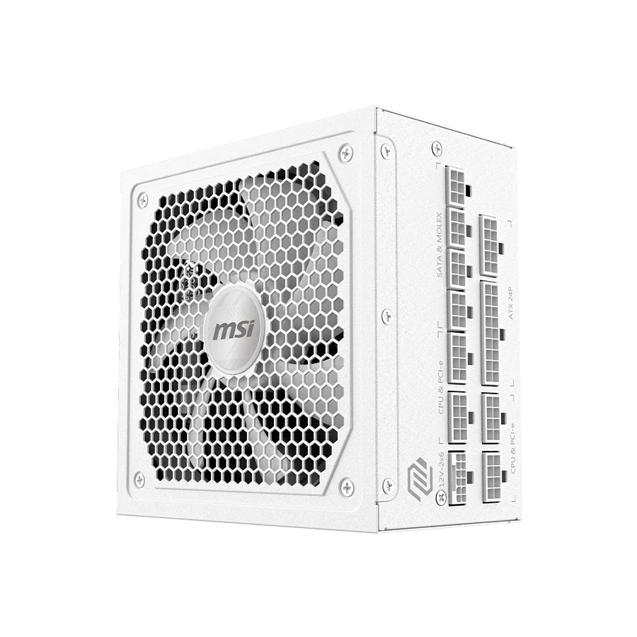 MSI MAG A1000GL PCIE5 WHITE, 1000W, 80 PLUS Gold, 135mm FDB Fan, Protections: OCP/OVP/OPP/OTP/SCP/UVP, Active PFC Design, Flat Cables, Dimensions: 150mmx150mmx86mm, White, 7Y Warranty