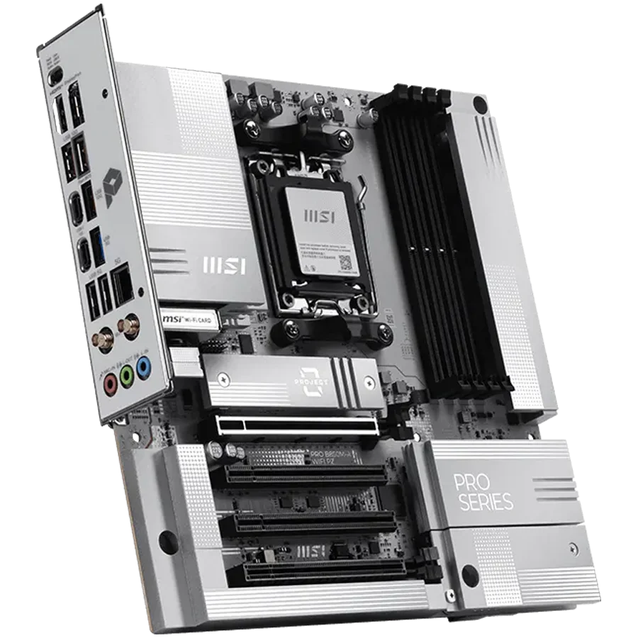 MSI PRO B850M-A WIFI PZ, mATX, Socket AM5, 4x DDR5 Dual Channel DDR5 up to 8200(OC)MHz, 4x PCIe x16 slot, 2x M.2 slot, 3x USB 5Gbps, 3x USB 10Gbps, 1x USB 10Gbps Type-C, 7.1 HD Audio, 5G LAN, WiFI 7, BT, 3Y
