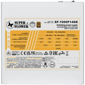 Super Flower Leadex III Gold 1000W ATX 3.1 80 Plus Gold, Fully Modular, Flat White Cables, 140mm Fan, White, 7 Year Warranty