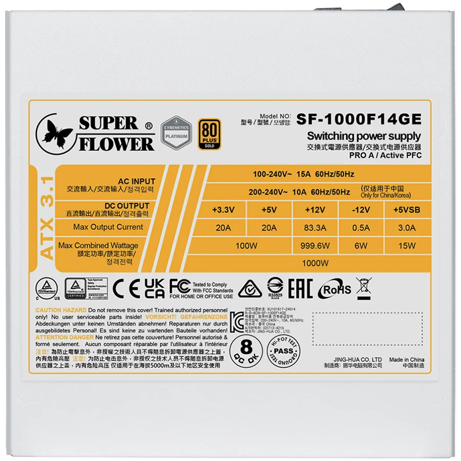 Super Flower Leadex III Gold 1000W ATX 3.1 80 Plus Gold, Fully Modular, Flat White Cables, 140mm Fan, White, 7 Year Warranty