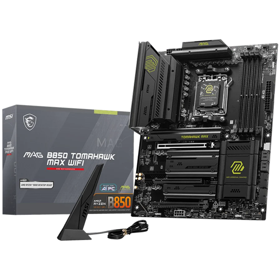 MSI MAG B850 TOMAHAWK MAX WIFI, ATX, Socket AM5, 4x DDR5 Dual Channel DDR5 up to 8400(OC)MHz, 3x PCIe 3.0 x16 slot, 4x M.2 slot, 4x USB 2.0, 1x USB 5Gbps, 2x USB 10Gbps, 3x USB 10Gbps Type-C, HDMI, 7.1 HD Audio, 5G LAN, WiFI 7, BT, 3Y