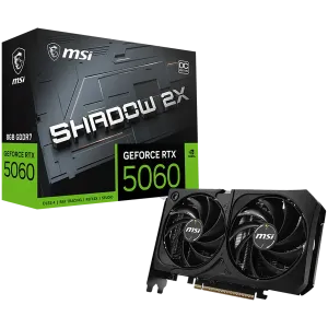 MSI Video Card NVIDIA GeForce RTX 5060 8G SHADOW 2X OC MAX, 8GB GDDR7, 128-bit, 2535 MHz Boost, 3840 CUDA Cores, PCIe 5.0 (x8), 3x DP 2.1b, HDMI 2.1b, RAY TRACING, Metal Backplate, Dual Fan, 145W TDP, 8-pin PCIe Power, G-SYNC, 2-Slot, 3Y