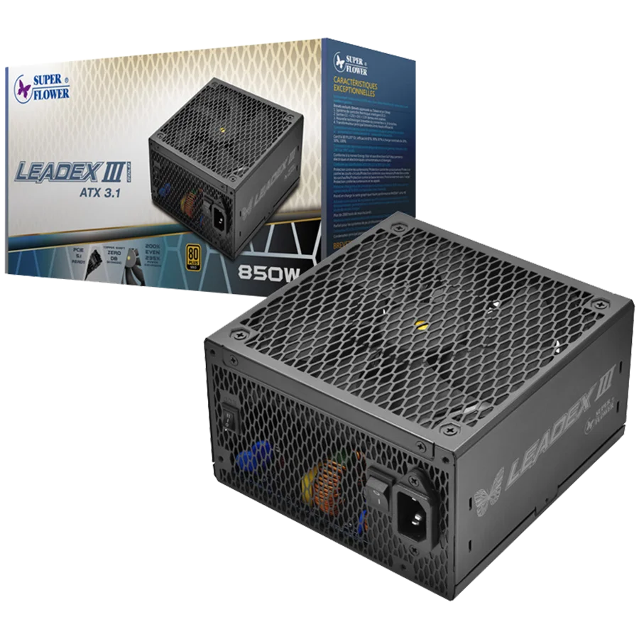 Super Flower Leadex III Gold 850W ATX 3.1, 80 Plus Gold, Fully Modular, Flat Black Cables, 140mm Fan, 150mmx150mmx86mm, 7 Year Warranty