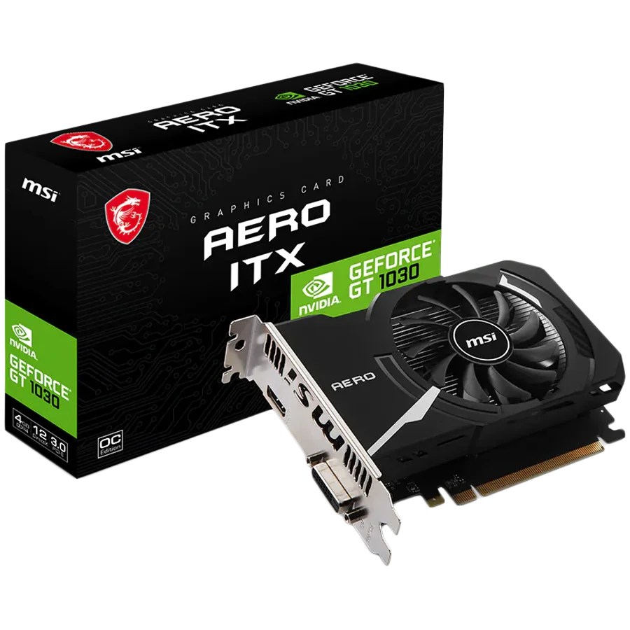 MSI Video Card Nvidia GeForce GT 1030 AERO ITX 4GHD4 OC, 4GB DDR4, 64-bit, 2100MHz Memory Speed, 1430MHz Boost, 384 CUDA Cores, 1x DVI-D, HDMI 2.1, 300W Recommended PSU, 3Y