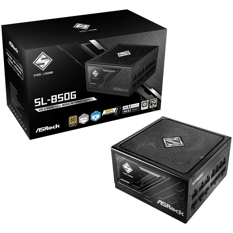 Asrock SL-850G, 850W, 80 Plus GOLD, Fully Modular PSU, Japanese Capacitors, 2x EPS 12V CPU(4+4pin), 1x PCIe5.1 (12+4pin), 3x PCIe (6+2pin), 3x 4-pin connectors, 9x SATA, OCP, SCP, OVP, UVP, OTP, OPP protections, 135 mm Axial Fan, ATX 3.1
