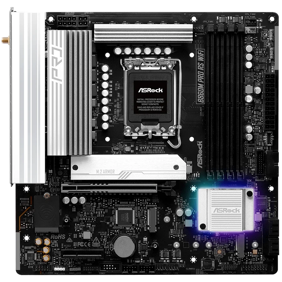 ASROCK MB Desktop B860M Pro Rs Wi-fi, S.1851, 4x DDR5, 1x PCIe 5.0 x16, 1x PCIe 4.0 x4, 1x Blazing M.2, 2x Hyper M.2, 4x SATA3, 2x USB-C, 8x USB 3.2, 6x USB 2.0, 1x RJ-45 2.5GB Lan, 802.11axe Wi-Fi 6E + Bluetooth 5.3, ATX
