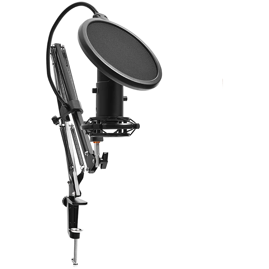 LORGAR Voicer 931, Gaming Microphone, Black, USB condenser microphone with boom arm stand, pop filter, tripod stand. including 1* microphone, 1*Boom Arm Stand with C-clamp, 1*shock mount, 1*pop filter, 1*windscreen cap, 1*2.5m type-C USB cable, 1* Extra t