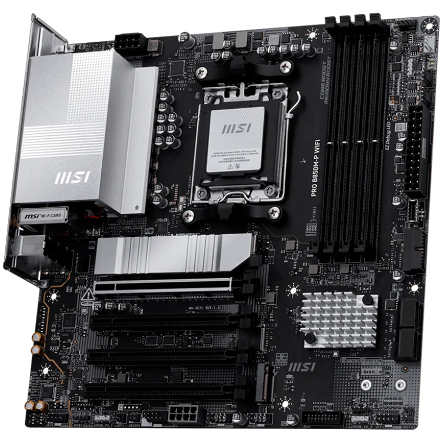 MSI PRO B850M-P WIFI, mATX, Socket AM5, 4x DDR5 Dual Channel DDR5 up to 8200(OC)MHz, 4x PCIe x16 slot, 3x M.2 slot, 4x USB 2.0, 2x USB 5Gbps, 1x USB 10Gbps, 1x USB 10Gbps Type-C, DP, 7.1 HD Audio, 5G LAN, WiFI 7, BT, 3Y