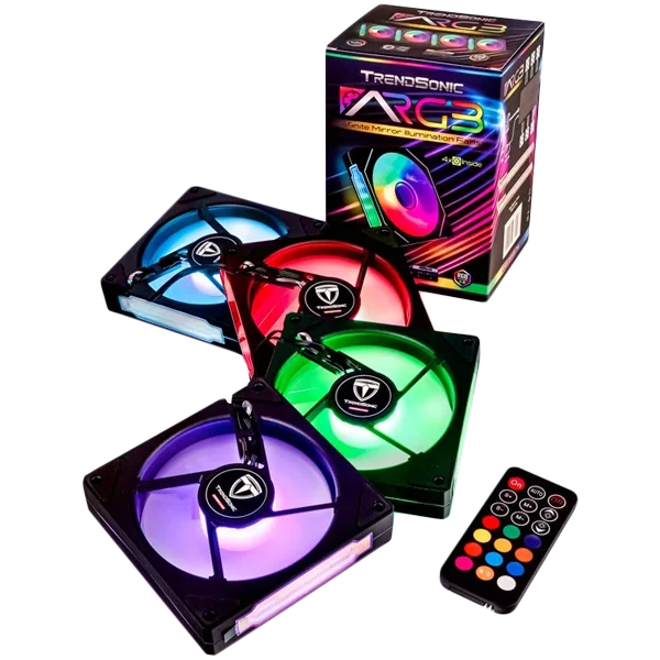 ARGB Fan*4 & ARGB controller & Remote ; Fan : 120 x 25 x 120mm, PWM 4PIN(Male & Female); ARGB 5V 3PIN(Male & Female)Speed: 800-1800RPM(PWM)