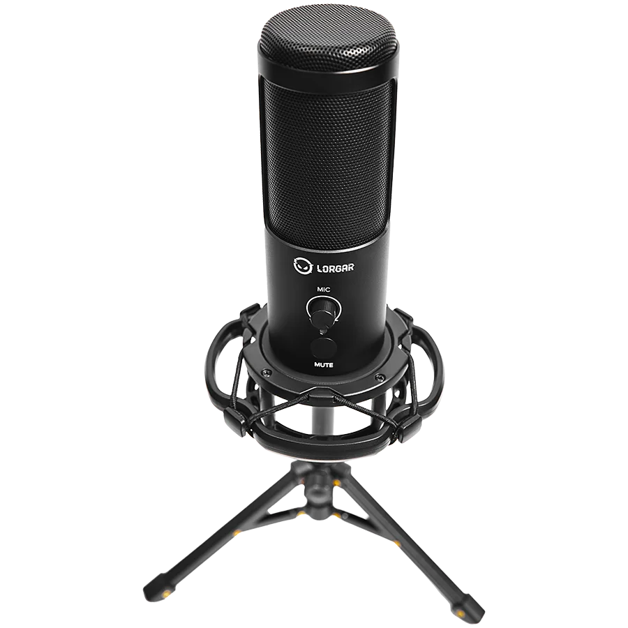 LORGAR Voicer 721, Gaming Microphone, Black, USB condenser microphone with tripod stand, pop filter, including 1 microphone, 1 Height metal tripod, 1 plastic shock mount, 1 windscreen cap, 1,2m metel type-C USB cable, 1 pop filter, 154.6x56.1mm