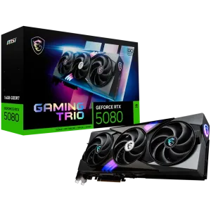 MSI Video Card Nvidia GeForce RTX 5080 16G GAMING TRIO OC, 16GB GDDR7, 256bit, Effective Memory Clock: 30000MHz, Boost: 2617 MHz, 10752 CUDA Cores, PCIe 5.0, 3x DP 2.1a, HDMI 2.1b, RAY TRACING, Triple Fan, 1x16pin, 850W Recommended PSU, 3Y