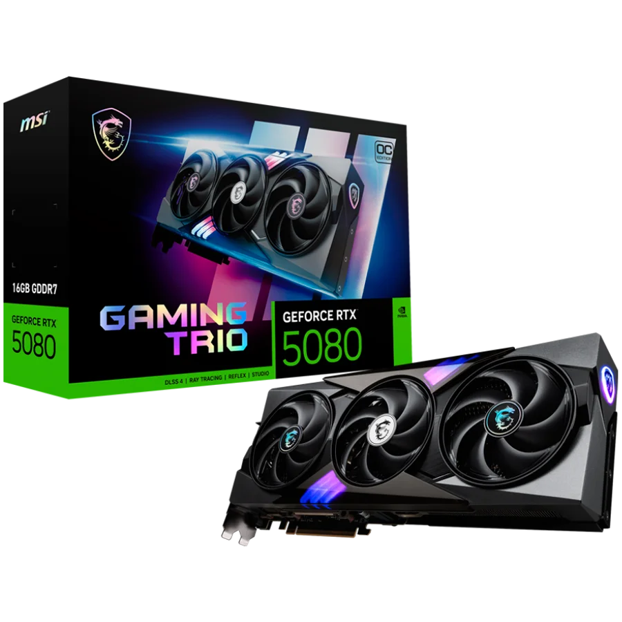 MSI Video Card Nvidia GeForce RTX 5080 16G GAMING TRIO OC, 16GB GDDR7, 256bit, Effective Memory Clock: 30000MHz, Boost: 2617 MHz, 10752 CUDA Cores, PCIe 5.0, 3x DP 2.1a, HDMI 2.1b, RAY TRACING, Triple Fan, 1x16pin, 850W Recommended PSU, 3Y