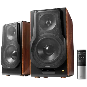 Edifier S3000MKII Active Bookshelf Speakers (2.0), Bluetooth V5.0, Balanced XLR, Optical, Coaxial, USB and Line inputs, Planar magnetic tweeters aluminum diaphragm bass drivers, 256W (RMS), Control knobs, Remote, Brown