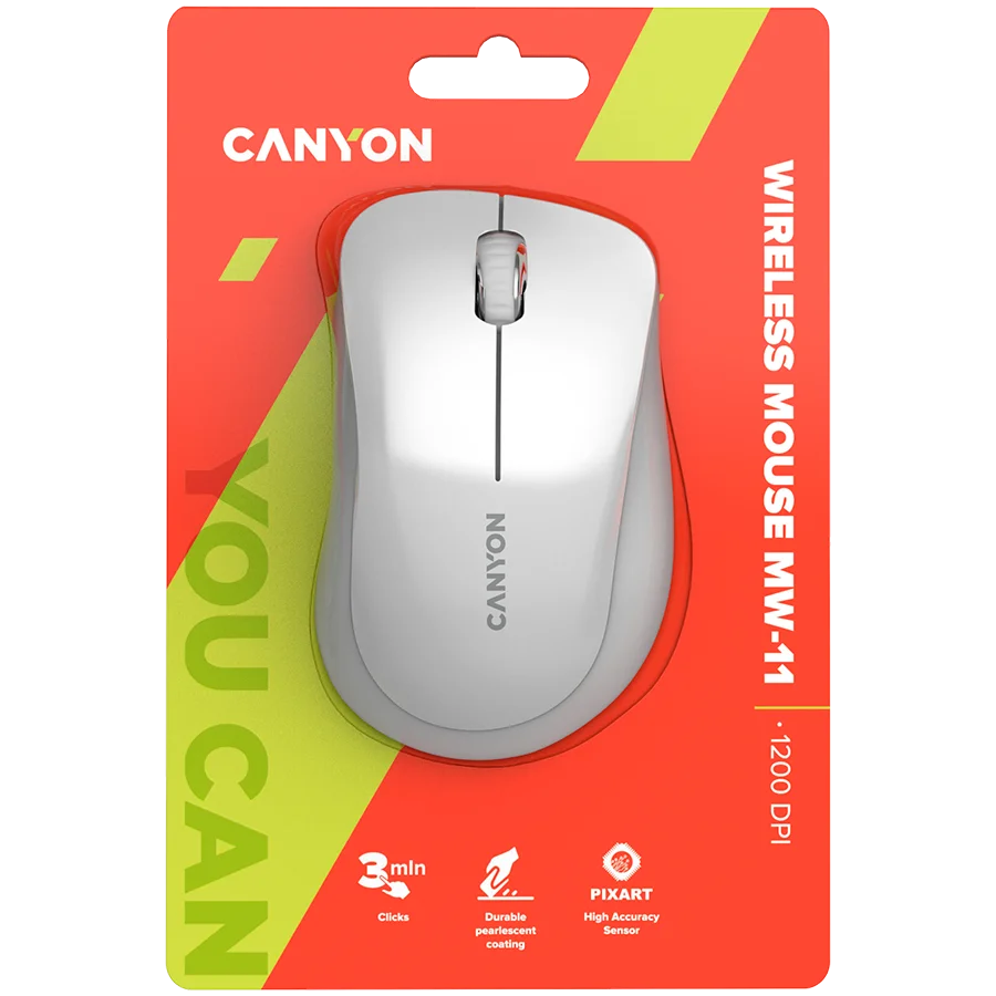 CANYON MW-11, 2.4 GHz  Wireless mouse ,with 3 buttons, DPI 1200, Battery:AAA*2pcs  ,pearl white grey67*109*38mm 0.063kg