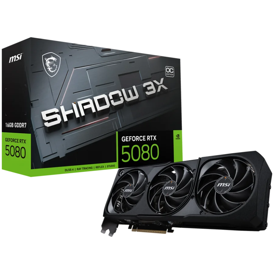 MSI Video Card Nvidia GeForce RTX 5080 16G SHADOW 3X OC, 16GB GDDR7, 256bit, Effective Memory Clock: 30000MHz, Boost: 2640 MHz, 10752 CUDA Cores, PCIe 5.0, 3x DP 2.1b, HDMI 2.1b, RAY TRACING, Triple Fan, 1x16pin, 850W Recommended PSU, 3Y