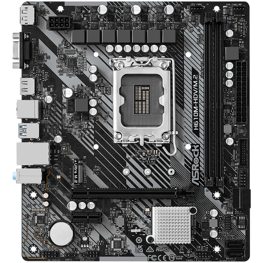 ASROCK Main Board Desktop H610M-HDV/M.2 (S1700, 2x DDR4, 1x PCIe 4.0 x16, 1x PCIe 3.0 x1, 4x SATA3 6.0Gb/s, 1x m.2 PCIe, 4x USB 3.2, 6x USB 2.0, 1x Com port header, 1x VGA, 1x HDMI, 1x DP 1.4, 1x GLAN, mATX) Retail