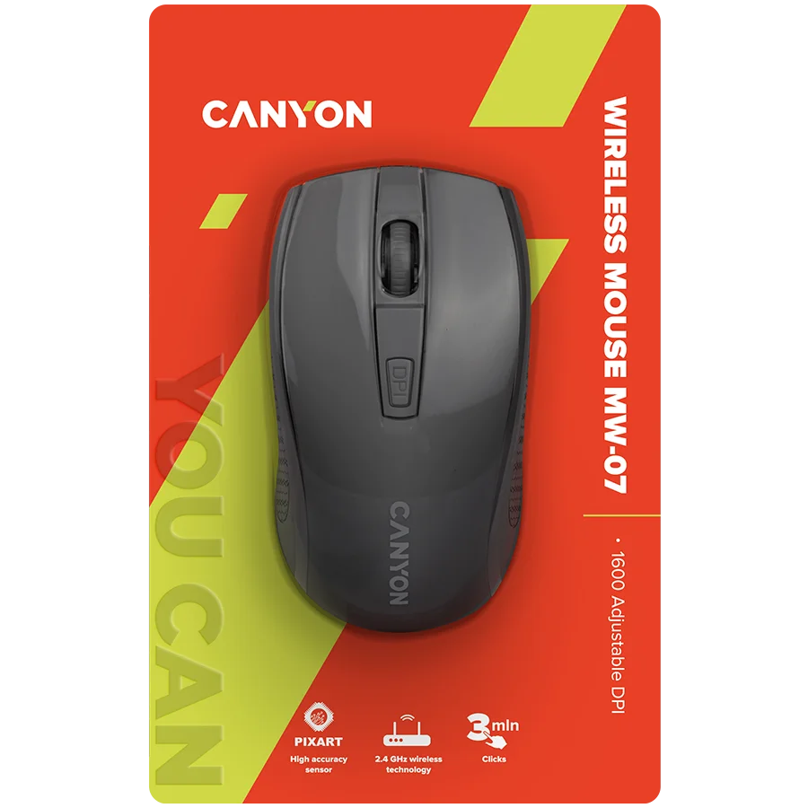 CANYON MW-7, 2.4Ghz wireless mouse, 6 buttons, DPI 800/1200/1600, with 1 AA battery ,size 110*60*37mm,58g,black