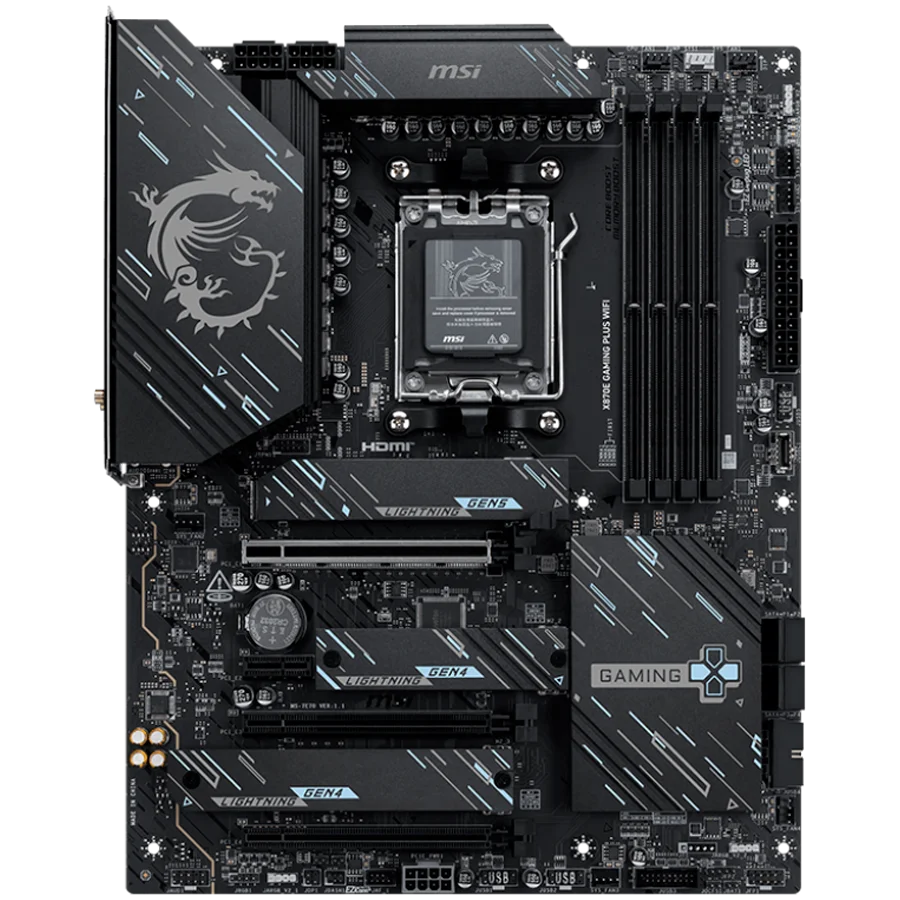 MSI X870E GAMING PLUS WIFI, ATX, Socket AM5, 4x DDR5 Dual Channel DDR5 up to 8200(OC)MHz, 3x PCIe x16 slot, 3x M.2 slot, 4x USB 2.0, 2x USB 5Gbps, 2x USB 10Gbps, 1x 20Gbps Type-C, 1x 40Gbps Type-C, HDMI, 7.1 HD Audio, 5G LAN, WiFI 7, BT, 3Y