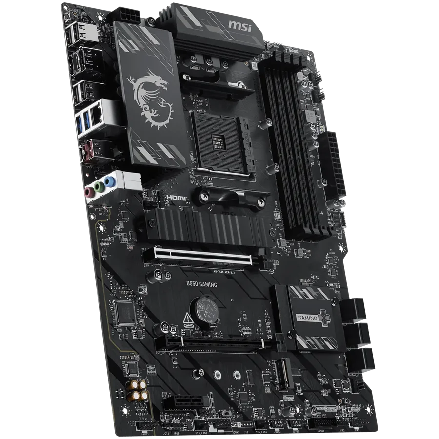 MSI B550 GAMING, ATX, Socket AM4, 4x DDR4 Dual Channel up to 4866+(OC)MHz, 2x PCIe x16 slots, 2x M.2 slots, 2x USB 3.2 Gen 2 (1x Type-C), 2x USB 3.2 Gen 1, 4x USB 2.0, 1x HDMI, 1x DP, 1G LAN, 7.1 HD Audio, 3Y