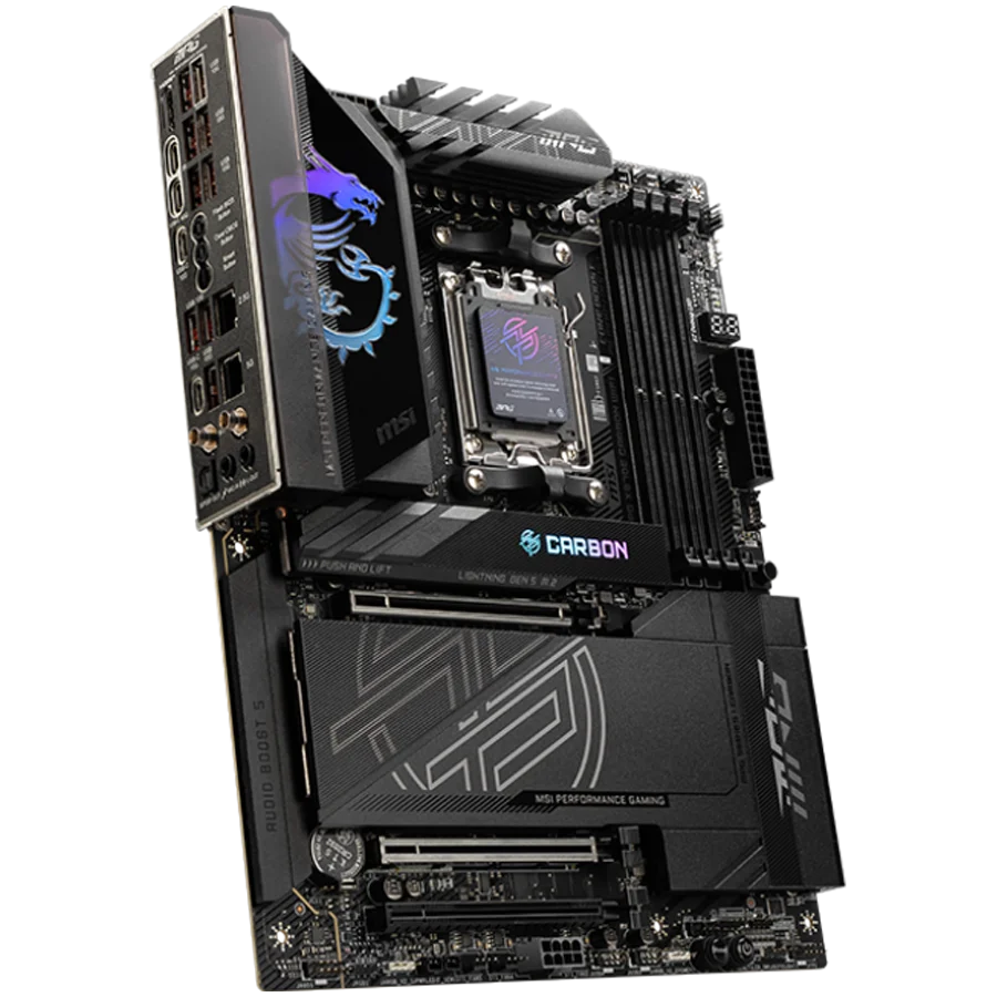 MSI MPG X870E CARBON WIFI, ATX, Socket AM5, 4x DDR5 Dual Channel DDR5 up to 8400(OC)MHz, 3x PCIe 3.0 x16 slot, 4x M.2 slot, 9x USB 10Gbps, 2x 10Gbps Type-C, 2x 40Gbps Type-C, HDMI, 7.1 HD Audio, 2.5+5G LAN, WiFI 7, BT, 3Y