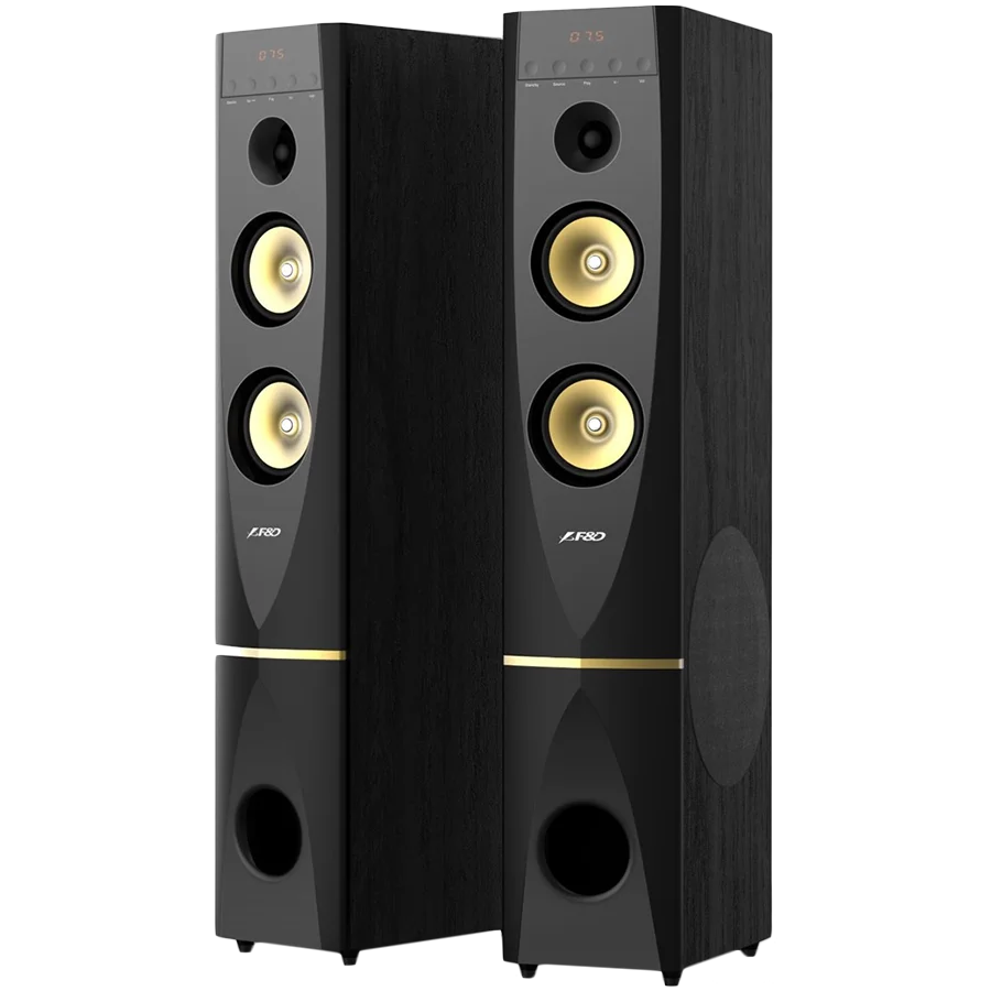 F&D T-88X 2.0 Floorstanding Speakers, 300W RMS (150x2), 1'' Tweeter + 5.25'' Speaker + 10'' Subwoofer for each channel, BT 4.2/HDMI/Optical/Coaxial/AUX/USB/FM/Karaoke function/LED Display/Remote Control/Microphone included/Wooden/Black