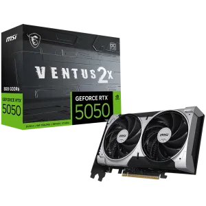 MSI Video Card NVIDIA GeForce RTX 5050 8G VENTUS 2X OC, 8GB GDDR6, 128-bit, 2602 MHz Boost, 2560 CUDA Cores, PCIe 5.0 (x8), 3x DP 2.1b, HDMI 2.1b, RAY TRACING, Dual Fan, 130W TDP, 8-pin PCIe Power, G-SYNC, 2-Slot, 3Y