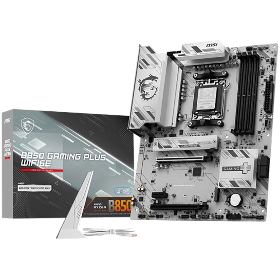 MSI B850 GAMING PLUS WIFI6E, ATX, Socket AM5, 4x DDR5 Dual Channel up to 8200(OC)MHz, 2x PCIe x16 slot, 2x M.2 slot, 4x USB 5Gbps, 3x USB 10Gbps, 1x USB 10Gbps Type-C, HDMI, DP, 7.1 HD Audio, 2.5G LAN, WiFI 6E, BT, 3Y