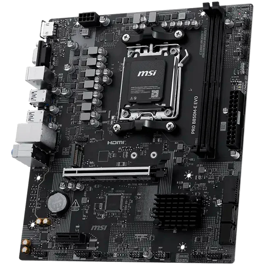 MSI PRO B850M-E EVO, mATX, Socket AM5, 2x DDR5 Dual Channel up to 8200(OC)MHz, 1x PCIe x16 slot, 1x M.2 slot, 4x USB 5Gbps, 2x USB 2.0, HDMI, VGA, 7.1 HD Audio, 2.5G LAN, 3Y MSI PRO B850M-E EVO, mATX, Socket AM5, 2x DDR5 Dual Channel up to 8200(OC)MHz, 1x PCIe x16 slot, 1x M.2 slot, 4x USB 5Gbps, 2x USB 2.0, HDMI, VGA, 7.1 HD Audio, 2.5G LAN, 3Y