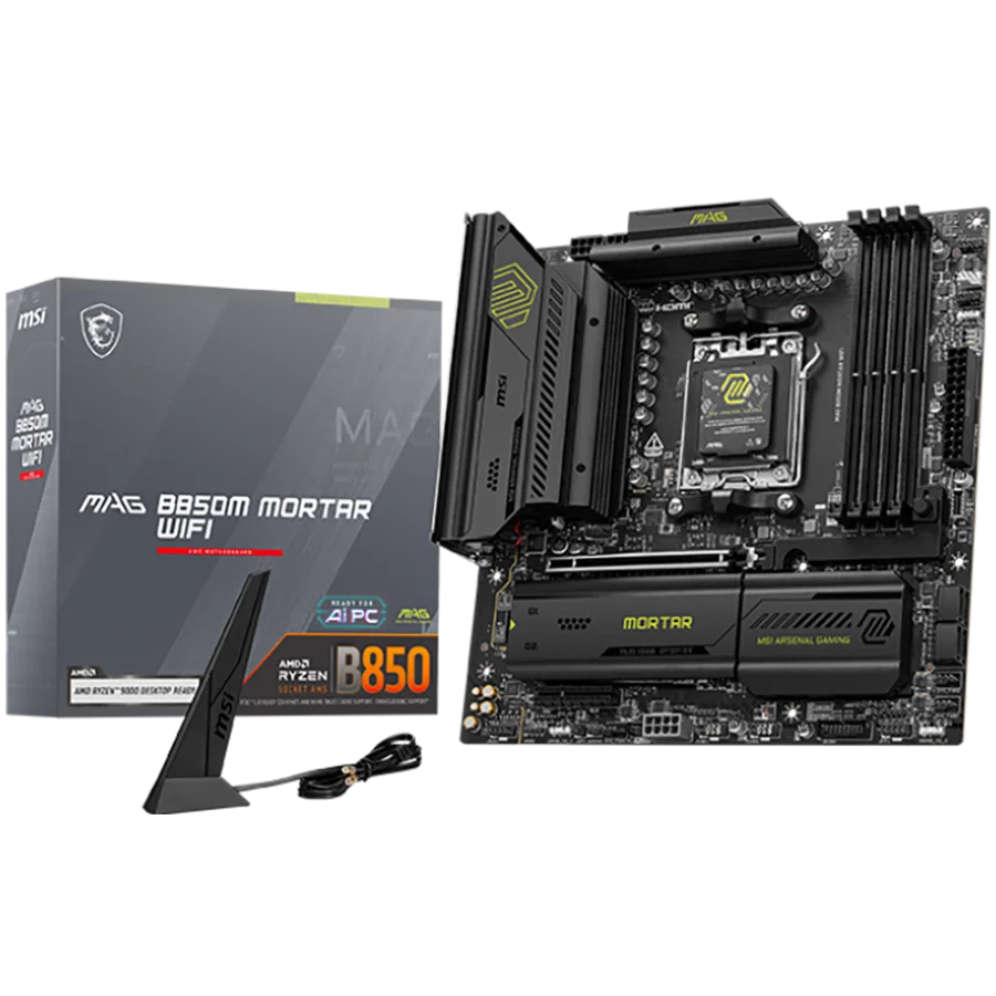MSI B850M MORTAR WIFI, mATX, Socket AM5, 4x DDR5 Dual Channel DDR5 up to 8200(OC)MHz, 1x PCIe x16 slot, 3x M.2 slot, 4x USB 5Gbps, 1x USB 10Gbps Type-C, 1x USB 20Gbps Type-C, HDMI, DP, 7.1 HD Audio, 5G LAN, WiFI 7, BT, 3Y