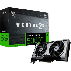 MSI Video Card NVIDIA GeForce RTX 5060 Ti 16G VENTUS 2X OC PLUS, 16GB GDDR7, 128-bit, 2602 MHz Boost, 4608 CUDA Cores, PCIe 5.0 (x8), 3x DP 2.1b, HDMI 2.1b, RAY TRACING, Dual Fan, 180W TDP, 8-pin PCIe Power, G-SYNC, 2-Slot, 3Y