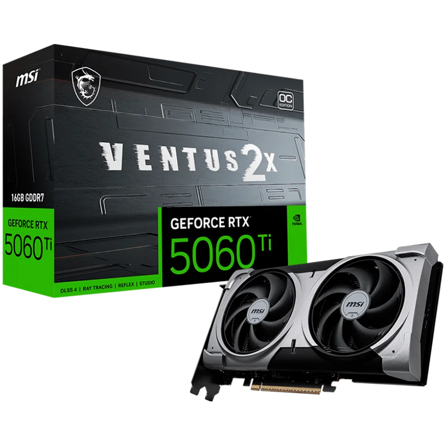 MSI Video Card NVIDIA GeForce RTX 5060 Ti 16G VENTUS 2X OC PLUS, 16GB GDDR7, 128-bit, 2602 MHz Boost, 4608 CUDA Cores, PCIe 5.0 (x8), 3x DP 2.1b, HDMI 2.1b, RAY TRACING, Dual Fan, 180W TDP, 8-pin PCIe Power, G-SYNC, 2-Slot, 3Y MSI Video Card NVIDIA GeForce RTX 5060 Ti 16G VENTUS 2X OC PLUS, 16GB GDDR7, 128-bit, 2602 MHz Boost, 4608 CUDA Cores, PCIe 5.0 (x8), 3x DP 2.1b, HDMI 2.1b, RAY TRACING, Dual Fan, 180W TDP, 8-pin PCIe Power, G-SYNC, 2-Slot, 3Y