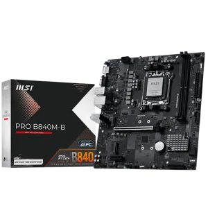 MSI PRO B840M-B, mATX, Socket AM5, 2x DDR5 Dual Channel DDR5 up to 8000(OC)MHz, 1x PCIe x16 slot, 2x M.2 slot, 2x USB 2.0, 4x USB 5Gbps, HDMI, VGA, 7.1 HD Audio, 2.5G LAN, 3Y