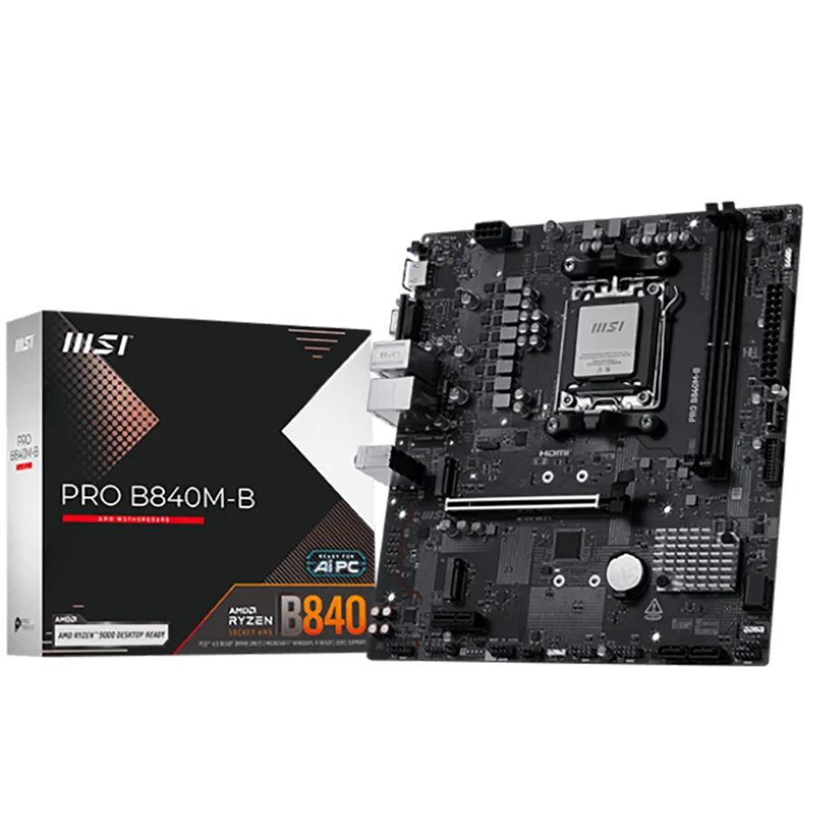 MSI PRO B840M-B, mATX, Socket AM5, 2x DDR5 Dual Channel DDR5 up to 8000(OC)MHz, 1x PCIe x16 slot, 2x M.2 slot, 2x USB 2.0, 4x USB 5Gbps, HDMI, VGA, 7.1 HD Audio, 2.5G LAN, 3Y