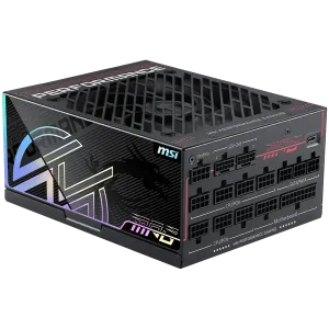 MSI MPG Ai1600TS PCIE5 Power Supply 1600W, 80 PLUS Titanium, Dual PCIe 5.1 Cables, ATX 3.1, Software Sync, 135mm Fan, Fan Stop, OVP/OCP/OTP/OPP/SCP/UVP/SIP/NLO, Braided Cables, Dimensions: 190mmx150mmx86mm, 12Y Warranty