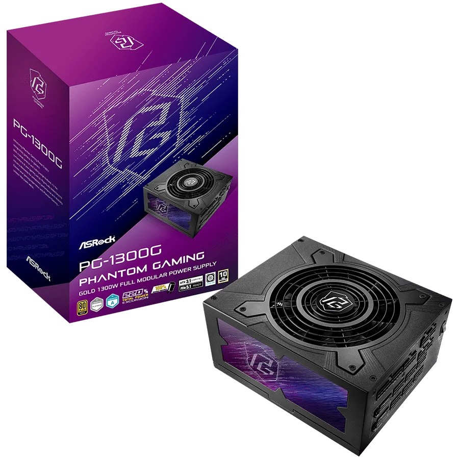 Asrock PG-1300G, 1300W, 80 Plus Gold, Fully Modular PSU, Japanese Capacitors, 2x EPS 12V CPU(4+4pin), 2x PCIe5.1 (12+4pin), 6x PCIe (6+2pin), 3x 4-pin connectors, 9x SATA, OCP, SCP, OVP, UVP, OTP, OPP protections, 135 mm Axial Fan, ATX 3.1