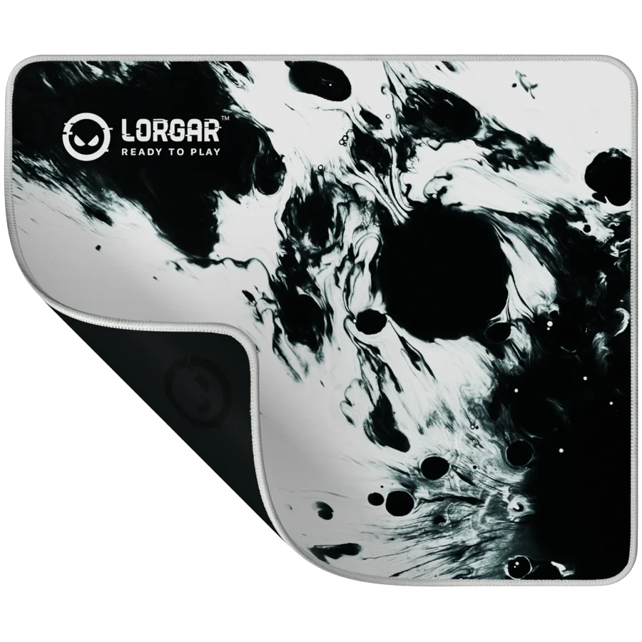 full print white and black design, bottom is black rubber with embossed LORGAR logo with double side edge stitching
