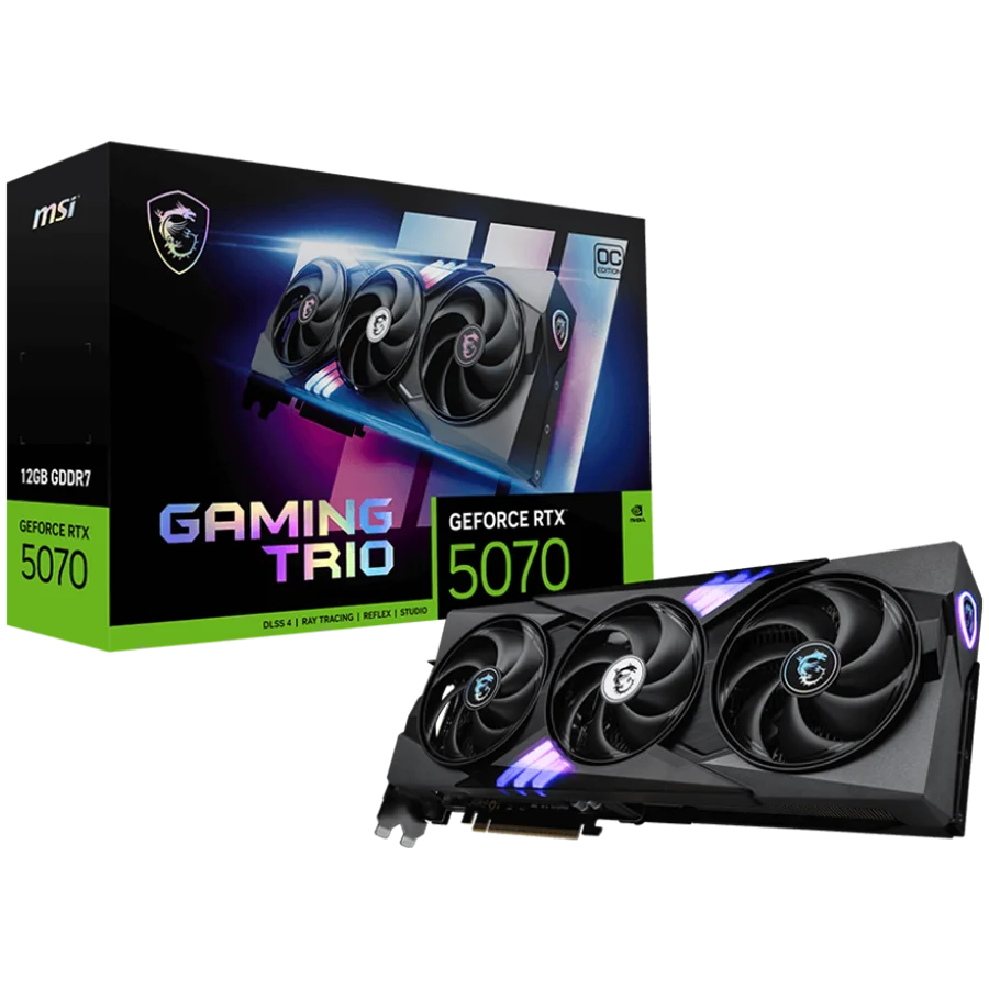 MSI Video Card Nvidia GeForce RTX 5070 12G GAMING TRIO OC, 12GB GDDR7, 192bit, Effective Memory Clock: 28000MHz, Boost: 2610 MHz, 6144 CUDA Cores, PCIe 5.0, 3x DP 2.1b, HDMI 2.1b, RAY TRACING, Triple Fan, 1x16pin, 650W Recommended PSU, 3Y