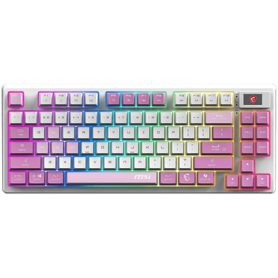 MSI FORGE GK600 TKL WIRELESS VIOLET - Hot-Swappable Mechanical Switches, PBT Keycaps, Sound-Dampening Foam and Gaskets, Integrated Display, RGB LED, 2.4GHz, BT, USB-C MSI FORGE GK600 TKL WIRELESS VIOLET - Hot-Swappable Mechanical Switches, PBT Keycaps, Sound-Dampening Foam and Gaskets, Integrated Display, RGB LED, 2.4GHz, BT, USB-C